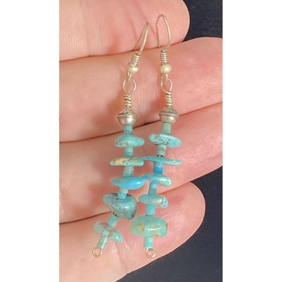 Vintage Sterling Silver Turquoise Nugget Earrings Hook Dangle Fine Pierced - Picture 1 of 6